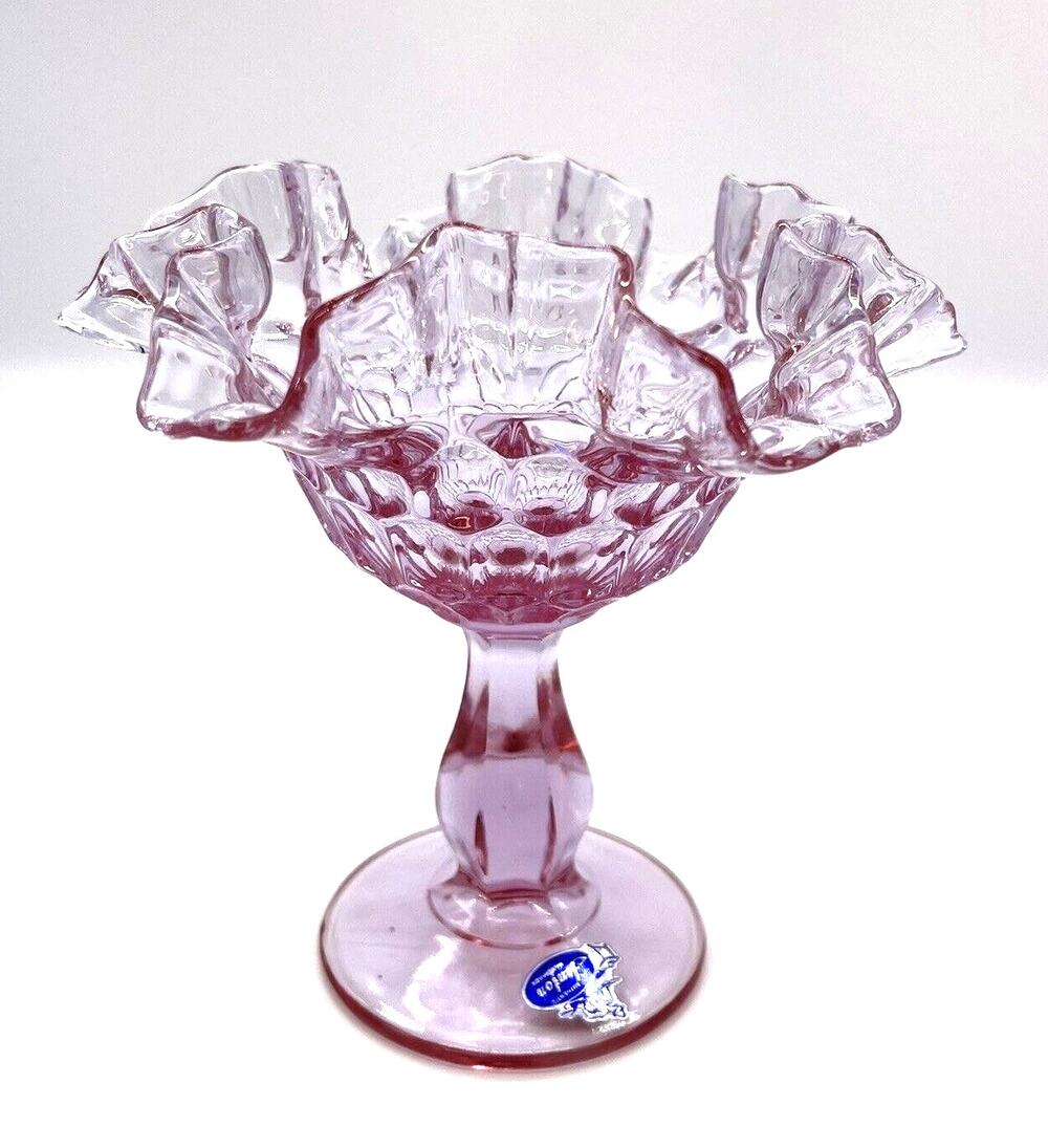 Vintage MCM Fenton Art Glass Colonial Ruffle Edge Pink Compote Dish w/ Label 6"